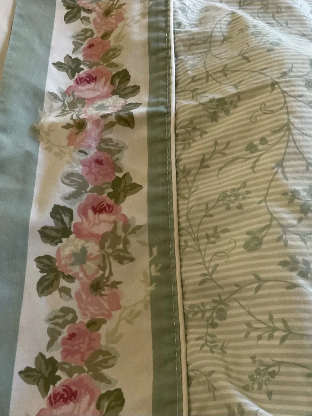 Laura Ashley Cottage Rose Floral W/Green Stripes Twin Sheet Set 4PCS-Vintage USA